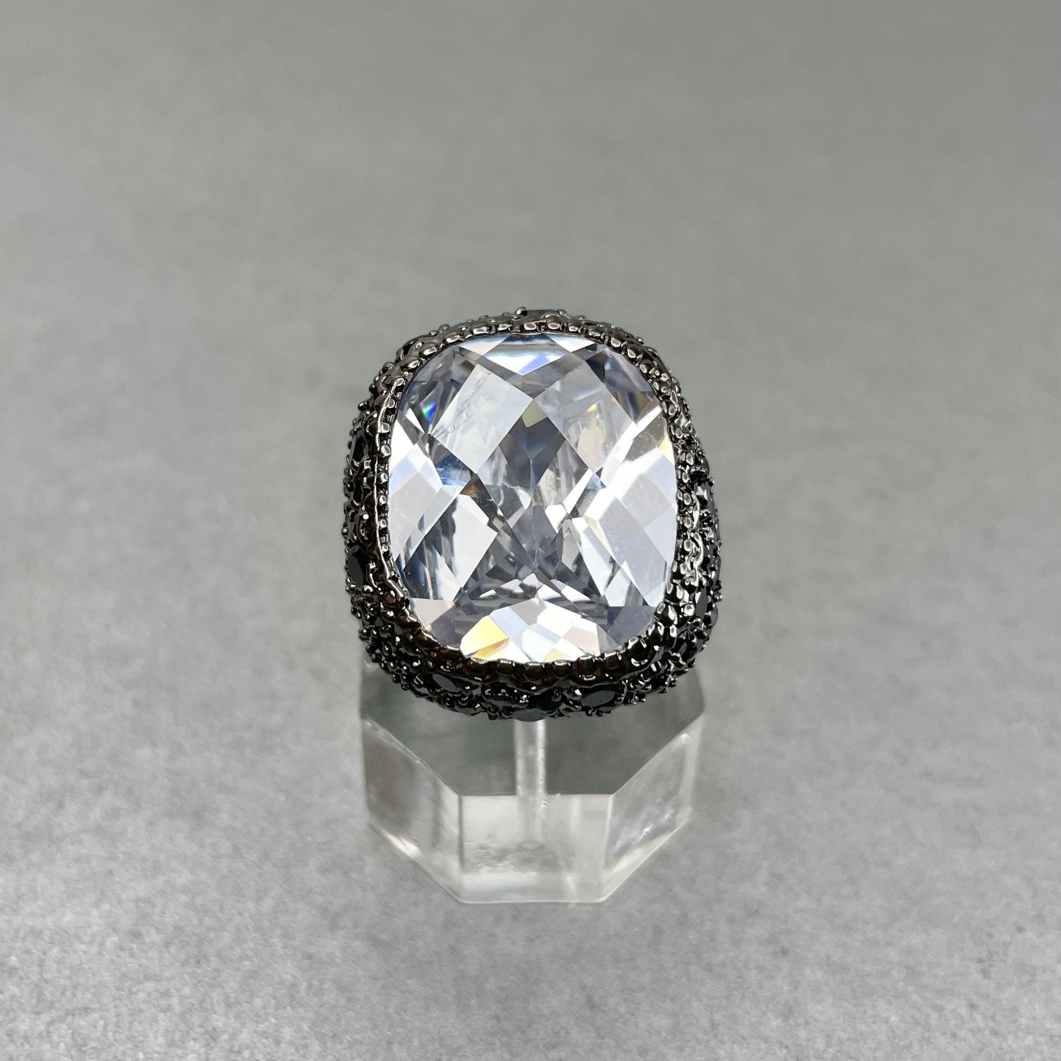 Anello da dito grande vintage in cristallo trasparente, rettangolo