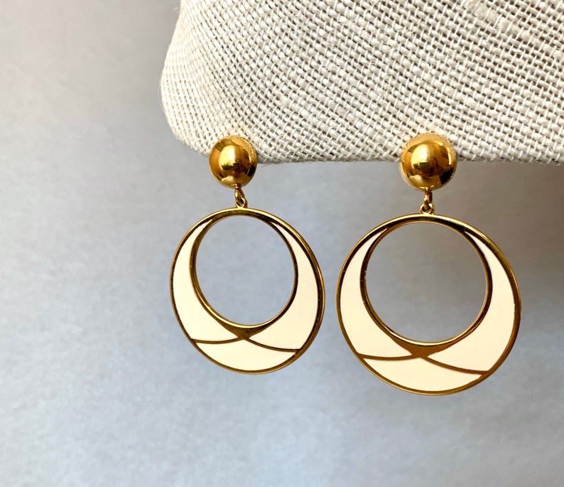 Vintage Hoop Earrings Gold Tone Cream White Enamel Etsy
