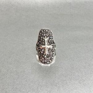 Vintage Malteser Kreuz Ring: silberfarbener schwarzer Strass Ring, Größe 10