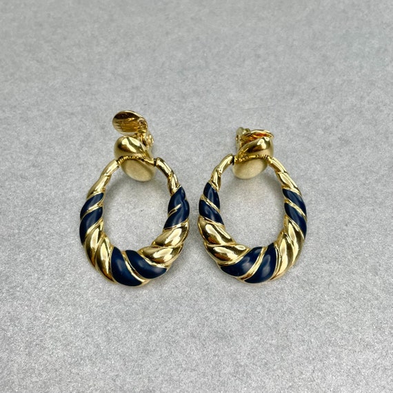 Vintage Monet Hoop Earrings, Gold Tone Navy Blue … - image 2