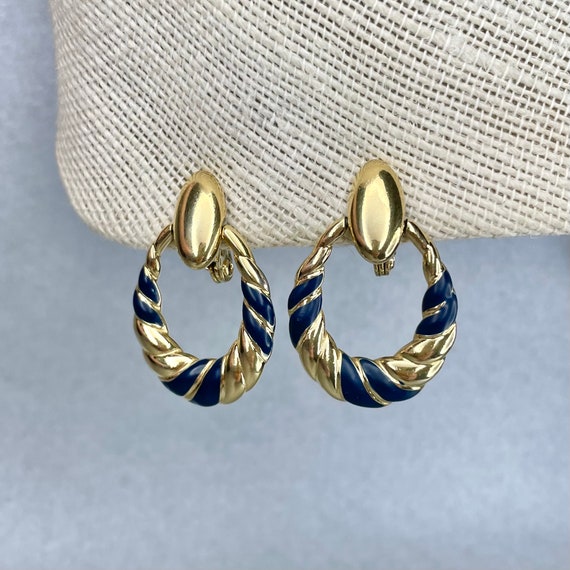 Vintage Monet Hoop Earrings, Gold Tone Navy Blue … - image 1