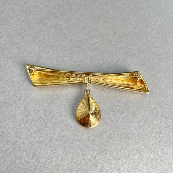 Vintage Monet Bow with Dangle Drop Brooch, Gold T… - image 3