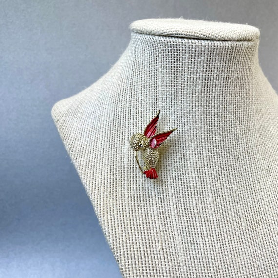 Vintage Humming Bird Pin, Gold Tone Red Enamel Co… - image 9