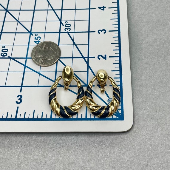 Vintage Monet Hoop Earrings, Gold Tone Navy Blue … - image 6