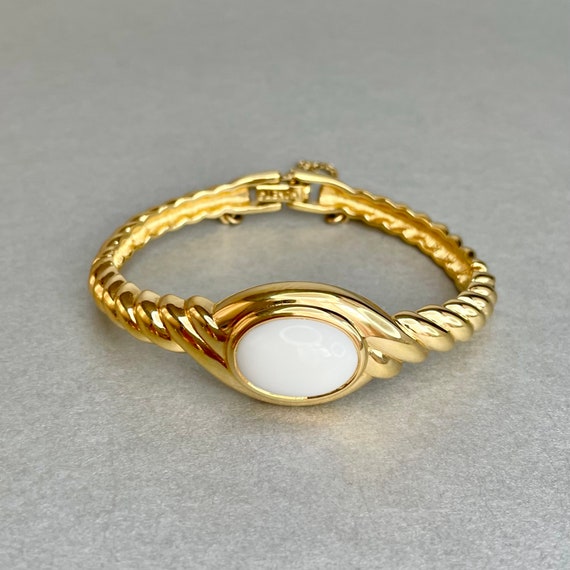 Vintage Monet Gold Tone Cuff Bracelet: White Cabochon  display picture 2
