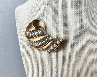 Vintage JJ Brooch: Gold Tone Rhinestone Leaf Pin, Jonette Jewelry