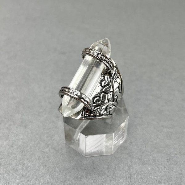 Vintage Clear Crystal Point Ring, Silver Tone Clear Long Rhinestone Leaf Pattern Ring, Estate Costume Jewelry, Gift for Her.