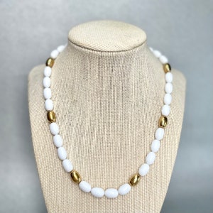 Vintage Napier Beaded Choker: White & Gold Tone, Mid Century Necklace