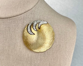 Broche ronde vintage JJ JONETTE JEWELRY, épinglette de foulard en cercle avec strass transparents ton or, bijoux fantaisie signés, cadeau pour elle.