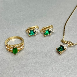 Vintage 14K G.F. Green Stone Jewelry Set, Gold Plating on Necklace, Ring and Clip On Earrings, Signed Estate Jewelry, Gift for Her.