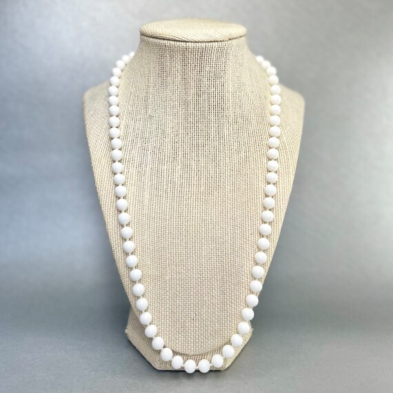 Vintage Monet White Bead Necklace: Long Gold Tone Costume Jewelry