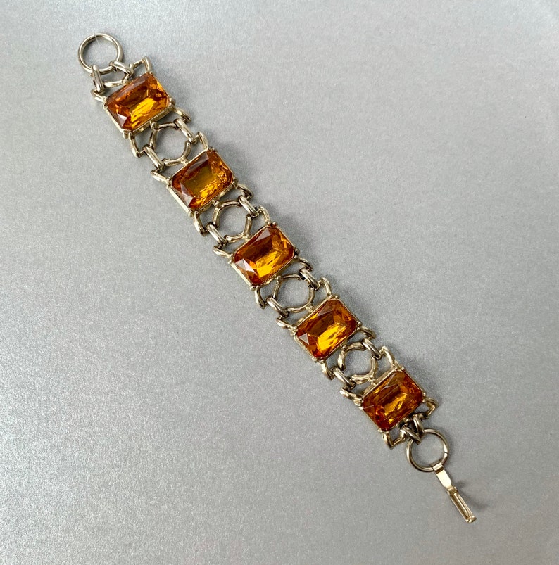 Bangle Jewelry Vintage Yellow Citrine Rhinestones Bracelet Silver Tone Victorian Revival Bracelet Gift for Her.