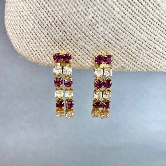 Vintage Trifari TM Long Earrings, Gold Tone Pink … - image 4