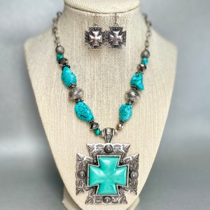 Vintage Maltese Cross Jewelry Set, Silver Tone Turquoise Stone Necklace and Dangle Earrings, Signed Costume Estate Jewelry, Gift for Her.