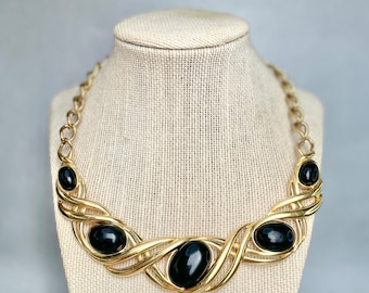Vintage Monet Bib Necklace, Gold Tone Black Cabochons Large Chunky Wide Necklace, Signed Estate Jewelry, Gift for Her.