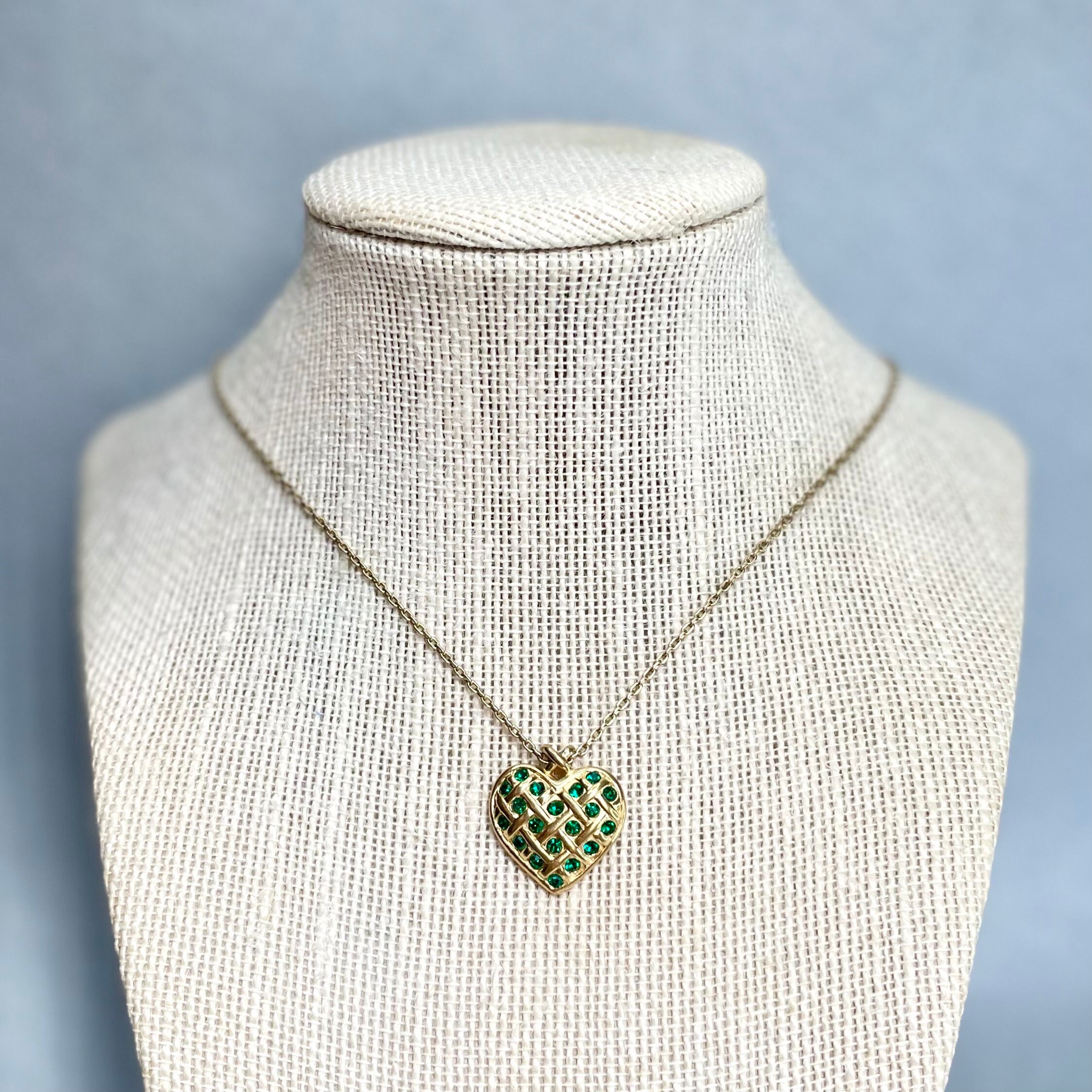 Vintage Avon Heart Pendant on Chain, Gold Tone Green
