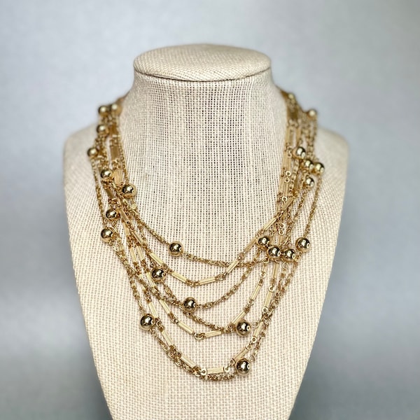 vintage Kramer of New York Choker, Gold Tone Multi Chain Box Clasp Bead Chain Necklace, Designer Signed MidCentury Jewelry, Cadeaux pour elle.