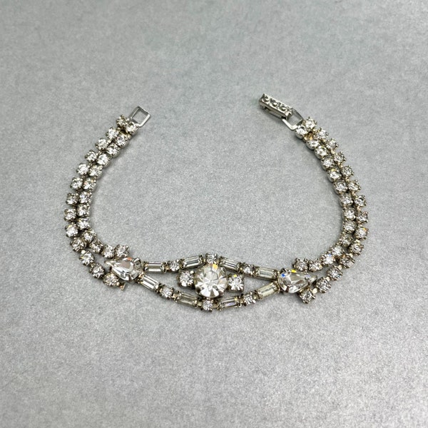 Vintage La-Rel Bracelet, Silver Tone Clear Cristal Rhinestones Bracelet, Gatsby Style Signed Estate Jewelry, Gift for Her.