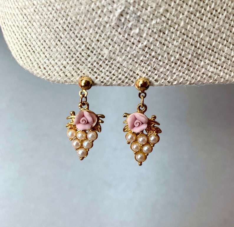 Vintage Avon Earrings Seed bead Signed Jewelry Gold Tone Signed Pearl Rose Dangle Vine Earrings Mom Gift.