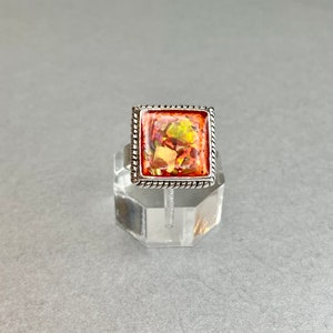 Vintage Red Orange Enamel Square Ring, Silver Tone Colorful Resin Size 8 Ring, Estate Costume Jewelry, Gift for Her.