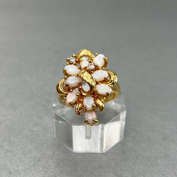 Vintage 14KT Oval White Opal Ring, Gold Platted Mini Clear Rhinestones Size 7 Ring, 14 KT H.G.E. Signed Estate Jewelry, Gift for Her.