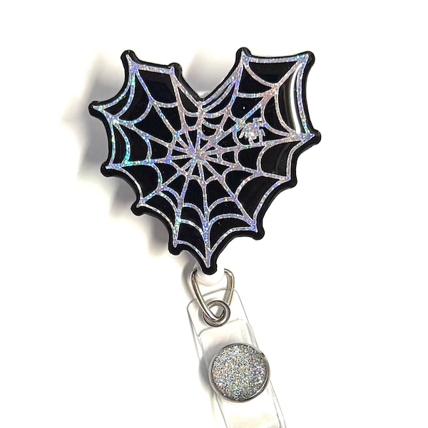 Spiderweb Heart Badge Reel, Halloween, 2”, Retractable Swivel Alligator Clip