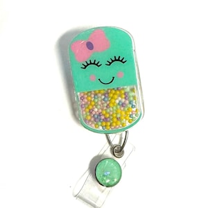 Mint Green Pill Shaker Badge Reel, 2”, Retractable Swivel Alligator Clip, No Liquid, Pharmacy, Nurse, Medical, Cute