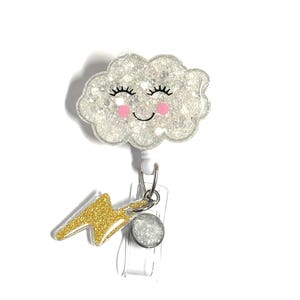 Happy Cloud Badge Reel, Retractable Swivel Alligator Clip, Nurse Badge Reel, White Glitter, Cute Badge Reel