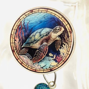 Sea Turtle Badge Reel, Retractable Swivel Alligator Clip, Stained Glass Design, Nurse, Lab, Dental, RN, LPN, Vet, OBGYN, Cute Badge Reel
