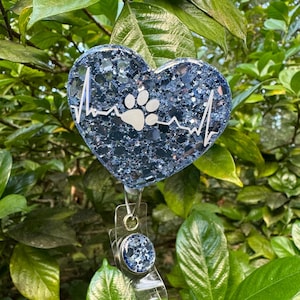 Heartbeat Paw Print Badge Reel: Steel Blue Glitter, Alligator Clip