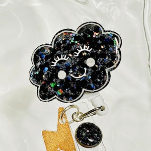 Black Cloud Badge Reel, Black Glitter, Nurse Badge Reel, Retractable Swivel Alligator Clip, Cute Badge Reel, Funny Badge Reel