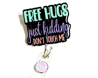 Funny Free Hugs Badge Reel: Retractable Swivel Alligator Clip
