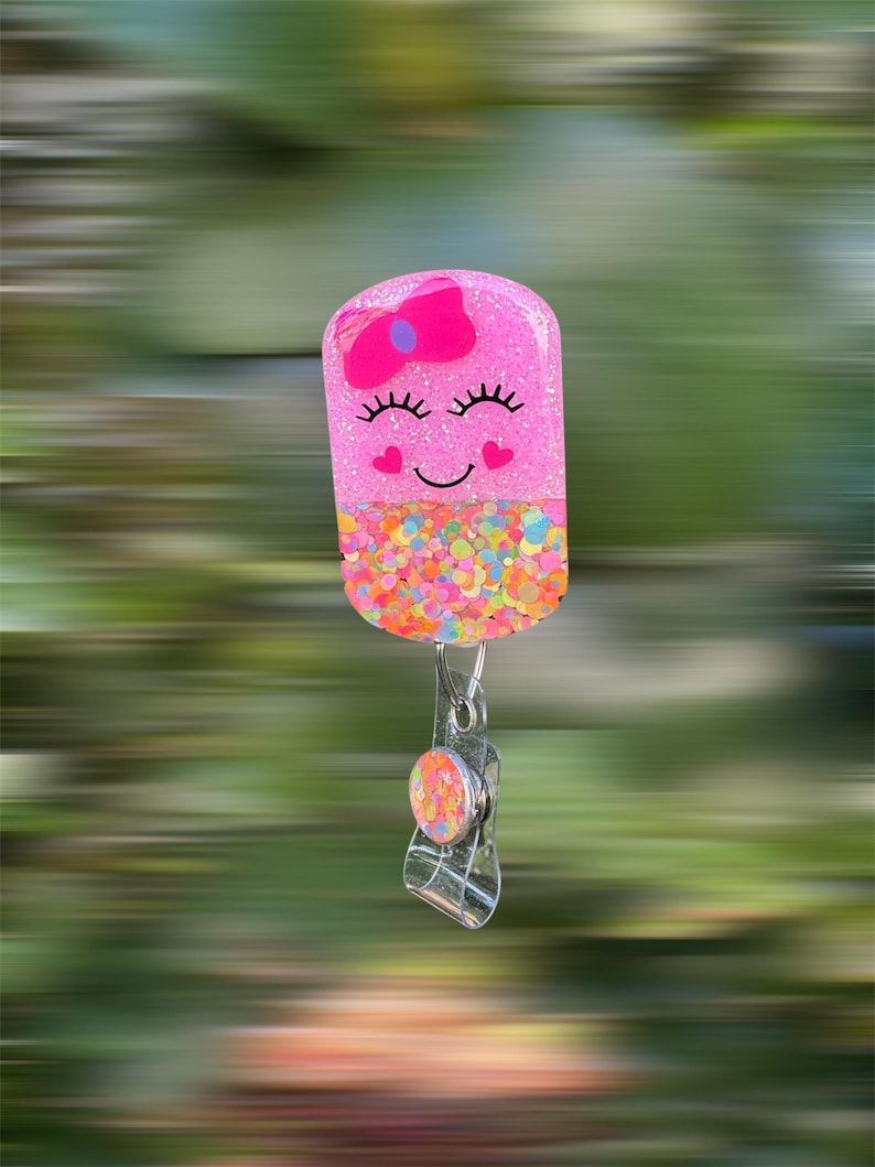 Happy Pill Badge Reel: 2”, Pink with Pink Bow, Retractable Swivel Alligator Clip, Nurse, Pharmacy image 7