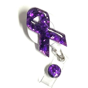 Purple Glitter Awareness Ribbon Badge Reel: Swivel Alligator Clip