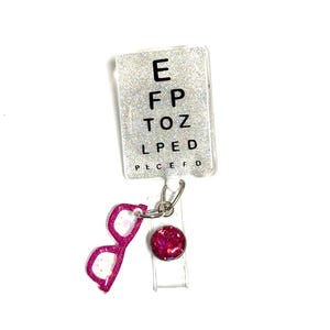 Eye Chart Badge Reel: Pink Glasses, Retractable Alligator Clip