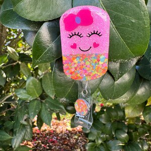 Happy Pill Badge Reel: 2”, Pink with Pink Bow, Retractable Swivel Alligator Clip, Nurse, Pharmacy image 9