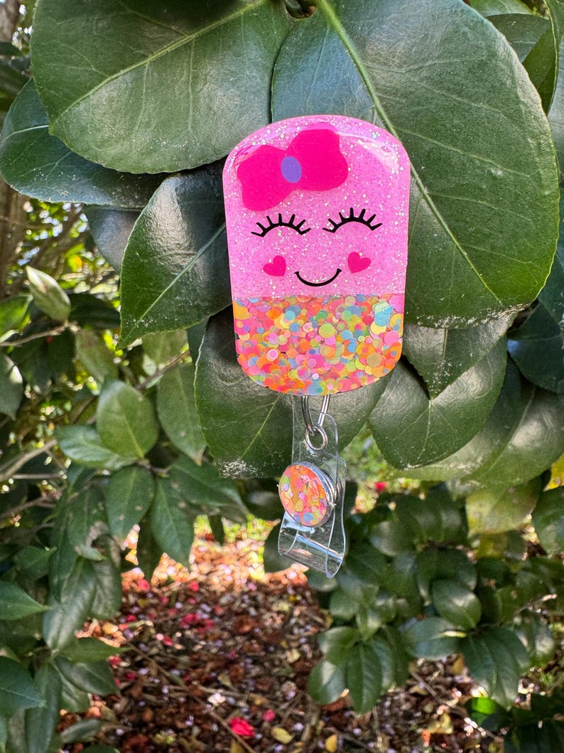 Happy Pill Badge Reel: 2”, Pink with Pink Bow, Retractable Swivel Alligator Clip, Nurse, Pharmacy image 9