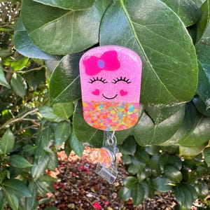 Happy Pill Badge Reel: 2”, Pink with Pink Bow, Retractable Swivel Alligator Clip, Nurse, Pharmacy image 8