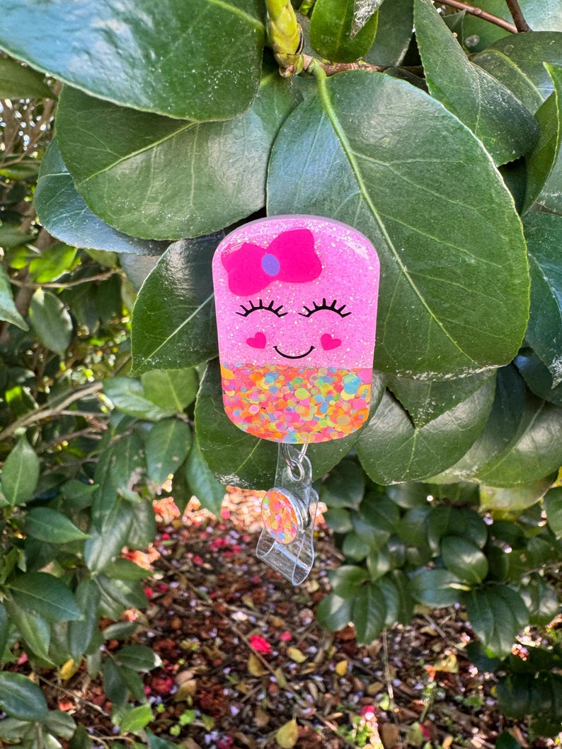 Happy Pill Badge Reel: 2”, Pink with Pink Bow, Retractable Swivel Alligator Clip, Nurse, Pharmacy image 8