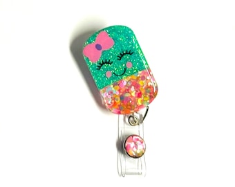 Happy Pill Badge Reel, Mint Green, 2”,  Retractable Swivel Alligator Clip, Nurse, Pharmacy