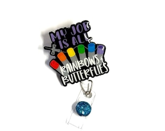 Rainbows and Butterflies Badge Reel: Retractable Swivel Alligator Clip, 2”, Medical, Healthcare, Nurse, Lab, Phlebotomist