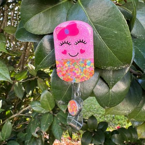 Happy Pill Badge Reel: 2”, Pink with Pink Bow, Retractable Swivel Alligator Clip, Nurse, Pharmacy image 3