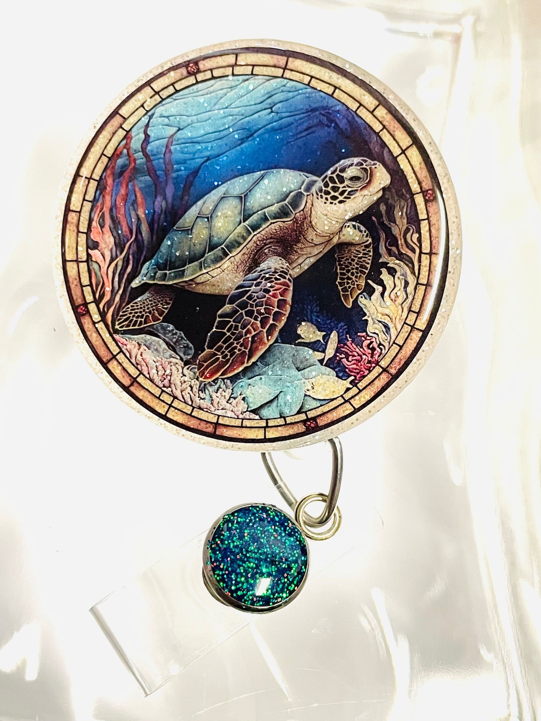 Sea Turtle Badge Reel, Retractable Swivel Alligator Clip, Stained Glass ...