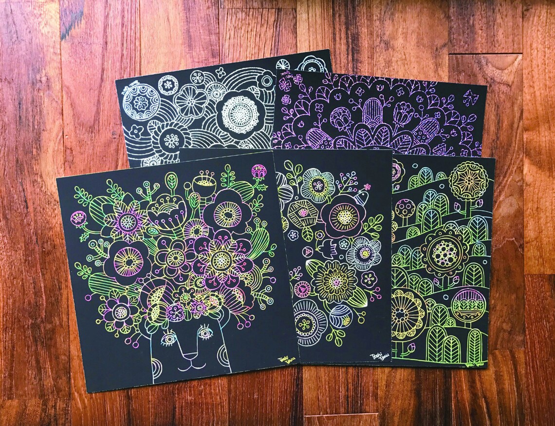 Flower Flower Flower Scratch Art Scratchart Postcard Etsy