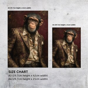 May include: A chimpanzee wearing a patterned brown suit jacket and a floral print shirt, set against a burgundy backdrop. The image includes a size chart with dimensions for A3 (11.7 inches height x 16.5 inches width) and A4 prints (11.7 inches height x 8.3 inches width).
