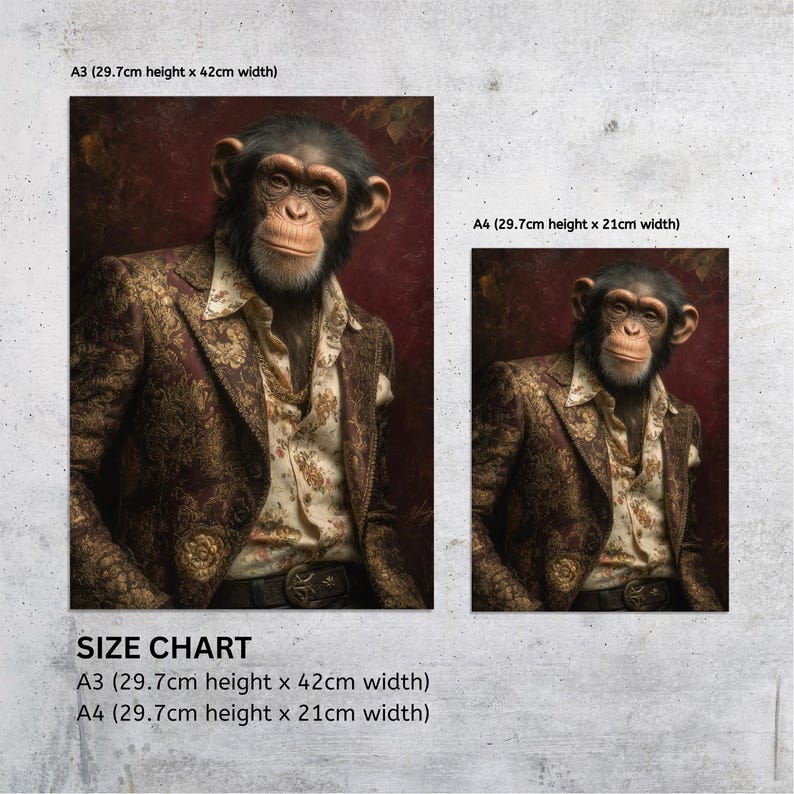 May include: A chimpanzee wearing a patterned brown suit jacket and a floral print shirt, set against a burgundy backdrop. The image includes a size chart with dimensions for A3 (11.7 inches height x 16.5 inches width) and A4 prints (11.7 inches height x 8.3 inches width).