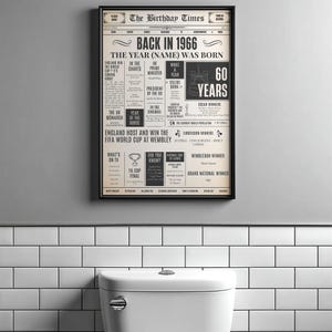 May include: A framed print titled "The Birthday Times" with the headline "Back in 1966." The print features information about the year, including the UK Prime Minister, Oscar winners, and Wimbledon winner. The print is a vintage style design.