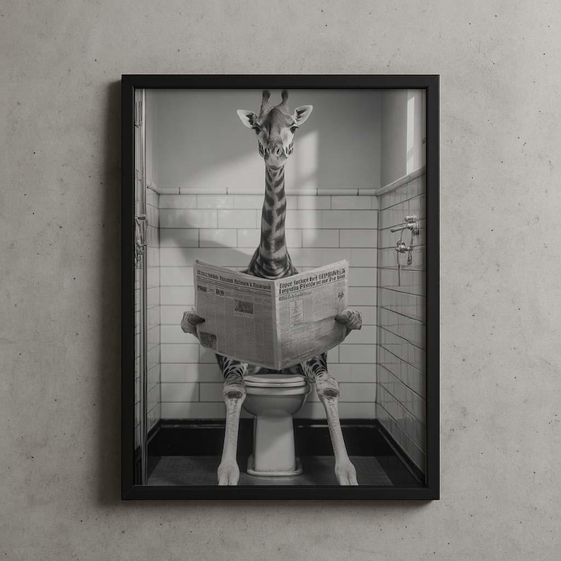 Funny Giraffe Wall Art Print | Quirky Bathroom Poster | Black and White ...
