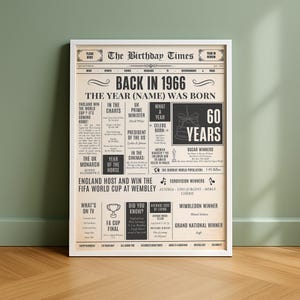 60th Birthday Gift, Personalised Birthday Newspaper Print, Born in 1966, The Year You Were Born, 60th Birthday Present for Him or Her image 1