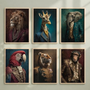 May include: Six framed animal portraits. A lion, giraffe, elephant, parrot, tiger, and chimpanzee are depicted in formal attire. The portraits have a vintage aesthetic with rich colours and textures, suitable for wall decor.